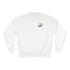 White sweatshirt with a rainbow logo on a white background